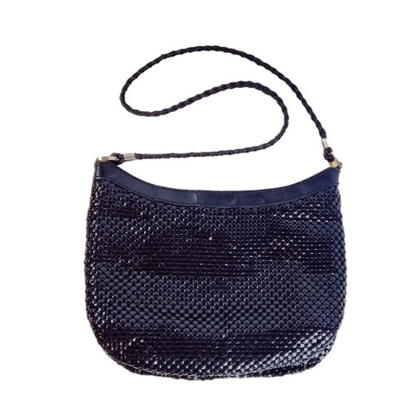 Black Mesh Handbag Shoulder Strap Braided Leather Glossy Day Evening 8x11 Purse - Picture 1 of 9